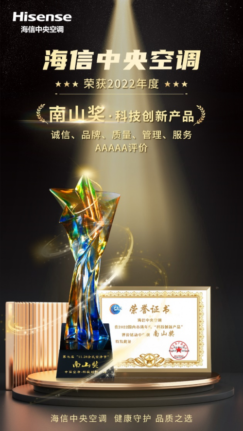 2022“南山獎”評選揭曉 海信中央空調(diào)凈化實力再獲認可