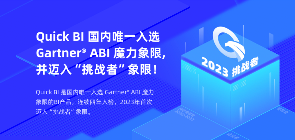 Quick BI連續(xù)4年且國內(nèi)唯一入選Gartner ABI魔力象限，并成功躍升至挑戰(zhàn)者象限